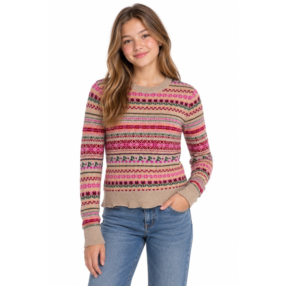 Fair Isle Sweater Girls XL 12-14 Lambswool Blend Floral Nordic Heritage Preppy